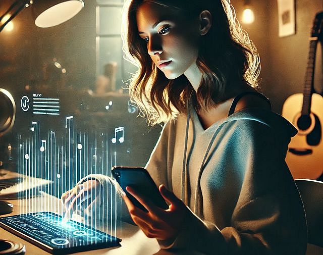 dalle-2024-10-18-14.42.15-a-cinematic-scene-of-a-young-woman-sitting-at-a-desk-illuminated-by-soft-light-from-a-nearby-window-holding-a-smartphone-and-creating-a-song-with-th